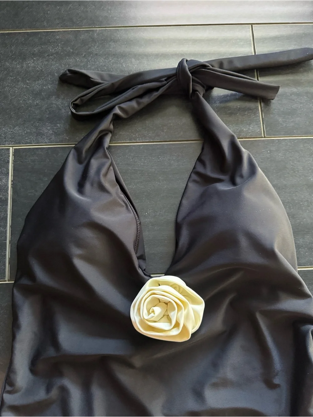 Rebecca Minkoff women Black one piece Swimsuit with white flower accent NWT